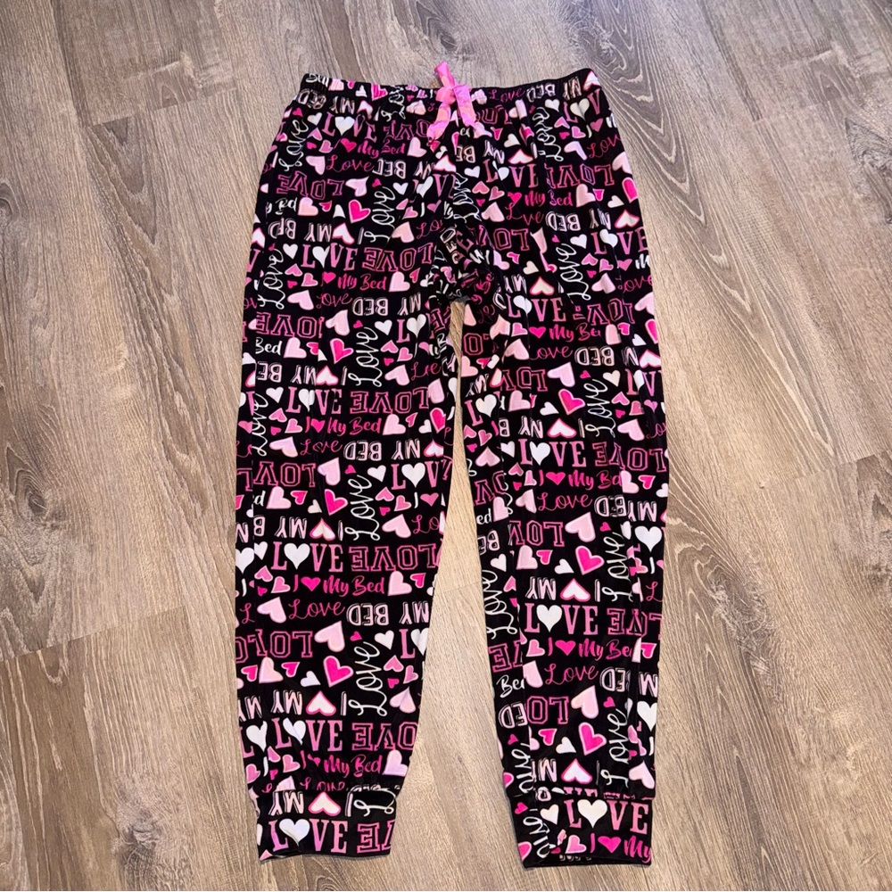 Bobbie Brooks sleepwear I love my bed pink black pajama bottoms pants fleece 1X